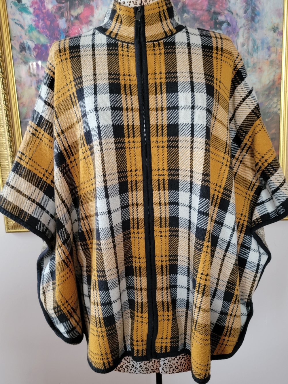 Jones New York Mustard Yellow Navy Blue and White Plaid Zip Cape